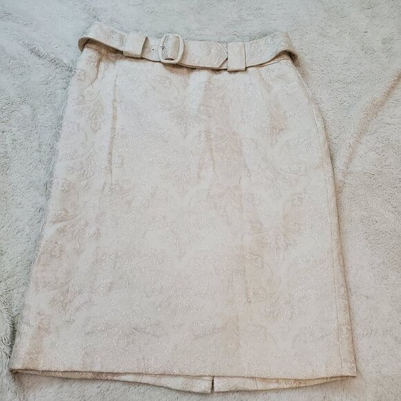 Ann Taylor Dresses & Skirts - Ann Taylor Cream Ivory Gold Metallic Shimmer Damask Belt Pencil Skirt Women 2